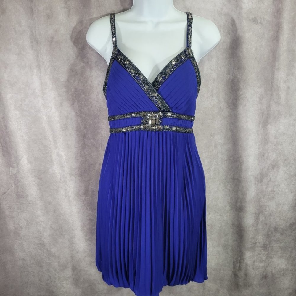 Beaded Trim Royal Blue Pleated Spaghetti Strap Dress
